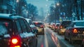 Traffic jams on the road in winter, winter holidays. Photorealistic, background with bokeh effect. AI Royalty Free Stock Photo