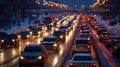 Traffic jams on the road in winter, winter holidays. Photorealistic, background with bokeh effect. AI Royalty Free Stock Photo