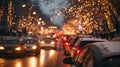 Traffic jams on the road in winter, winter holidays. Photorealistic, background with bokeh effect. AI Royalty Free Stock Photo