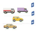 Traffic on lanes for Cargo trucks and Cars according to Signs in Cartoon style, vector vehicles on road lanes on white isolated Royalty Free Stock Photo