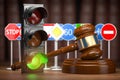 Traffic law concept. Judge gavel with traffic lights and traffic signs