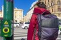 traffic light activation button for pedestrians crossing the crosswalk in Rome, Italy.