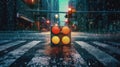 A Traffic Light In A City Intersection During A Hailstorm Hailstones Bouncing. Generative AI