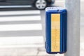 Traffic light control button with crosswalk scheme for blind people. Pedestrian road crossing for vision disabled people . Care, Royalty Free Stock Photo