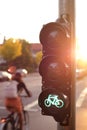 traffic light for a cycling lane showing green bicycle symbol in bright morning light with cyclist driving by in background