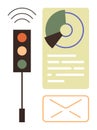 Traffic light with data chart, envelope, and wireless signal conveying connectivity and communication Royalty Free Stock Photo