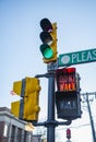 Traffic light with green light against the evening sky. Shallow depth of field Royalty Free Stock Photo