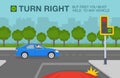 Traffic light with green arrow signal. Car is about to turn right after giving way to other vehicle. Right turn permitted sign.