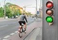 Light with green bicycle sign, road safety and transportation in the city concept