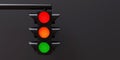 Traffic light hanging with all three color on empty grey background. Space for text. 3d render Royalty Free Stock Photo