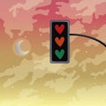 traffic light with hearts in the form of lights against the background of sunset