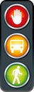 Traffic light icon. Stop hand on red. Vehicle on orange. Pedestrian on green