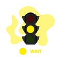 Traffic light illustration with yellow color. Flat yellow traffic light with color spot and text WAIT. Semaphore icon