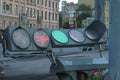 Traffic light lying on the sidewalk Royalty Free Stock Photo