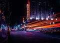 Traffic light night street light trail. Montreal, Canada Royalty Free Stock Photo