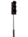 Traffic light with with pedestrian signals and pole on white background, low angle view