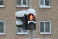 Traffic light for pedestrians with a red light in the shape of a human figure on a pillar in the city Royalty Free Stock Photo