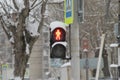 Traffic light for pedestrians with a red light in the shape of a human figure on a pillar in the city Royalty Free Stock Photo