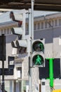 Traffic light with permissive green signal for pedestrians on the city street closeup