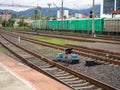 Traffic light on the railroad. Semaphore at the paths. Train station