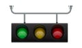Traffic light. Realistic city stoplight. 3D hanging electric equipment for regulation transport moving. Vector glow of