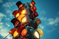 Traffic light with red and yellow lights on blue sky background Royalty Free Stock Photo