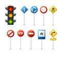 Traffic Light and Road Sign Set. Vector Royalty Free Stock Photo