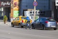 Biker and cars in traffic in Bucharest city