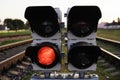 Traffic light show red signal on a railway, close up Royalty Free Stock Photo