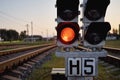 Traffic light show red signal on a railway, close up Royalty Free Stock Photo