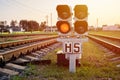 Traffic light show red signal on a railway, close up Royalty Free Stock Photo