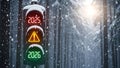 Traffic light shows 2025 red and 2026 green during a snowy winter day Royalty Free Stock Photo