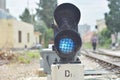 Traffic light shows red signal on railway. Royalty Free Stock Photo