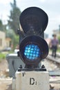 Traffic light shows red signal on railway. Royalty Free Stock Photo