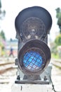 Traffic light shows red signal on railway. Royalty Free Stock Photo