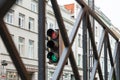 Traffic light simultaneously shows green and red light in Luebeck, Germany