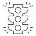 Traffic light thin line icon. Road attention signal lights, safe driving symbol, outline style pictogram on white