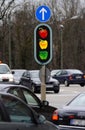 traffic light with three bell pepper, paprika in red, yellow and green Royalty Free Stock Photo