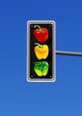 traffic light with three bell peppers, paprika in red, yellow and green Royalty Free Stock Photo