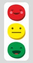 Traffic light from three bulbs with faces of red, yellow, green. Vector emotions traffic controller.