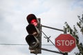 Traffic light the three colors, with red stop sign