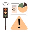 Traffic Signal, Alert Sign, and Analytics Elements Representing Safety and Data Analysis Royalty Free Stock Photo