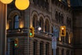 Traffic lights against historical building in downtown Ottawa, Canada at night Royalty Free Stock Photo