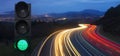 Traffic lights and car lights at night Royalty Free Stock Photo