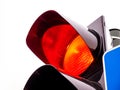 Traffic lights, one single red light on, extreme closeup, detail, transportation, transit stopping, traffic jam, vehicle stop Royalty Free Stock Photo