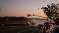 Traffic lights, pacific coast highway, California. Road trip along ocean in dusk Royalty Free Stock Photo