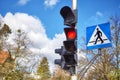 Traffic lights and pedestrian crossing sign in a city Royalty Free Stock Photo