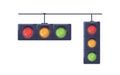 Traffic lights with red, yellow, green color signals. Semaphore lamps. Stoplights system hanging. Road movement