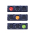 Traffic lights set with changing red, yellow, green signals on led lamps. Horizontal stoplights. Semaphore with signs