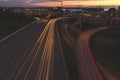 Traffic lights streaking down roads in Seattle, Washington